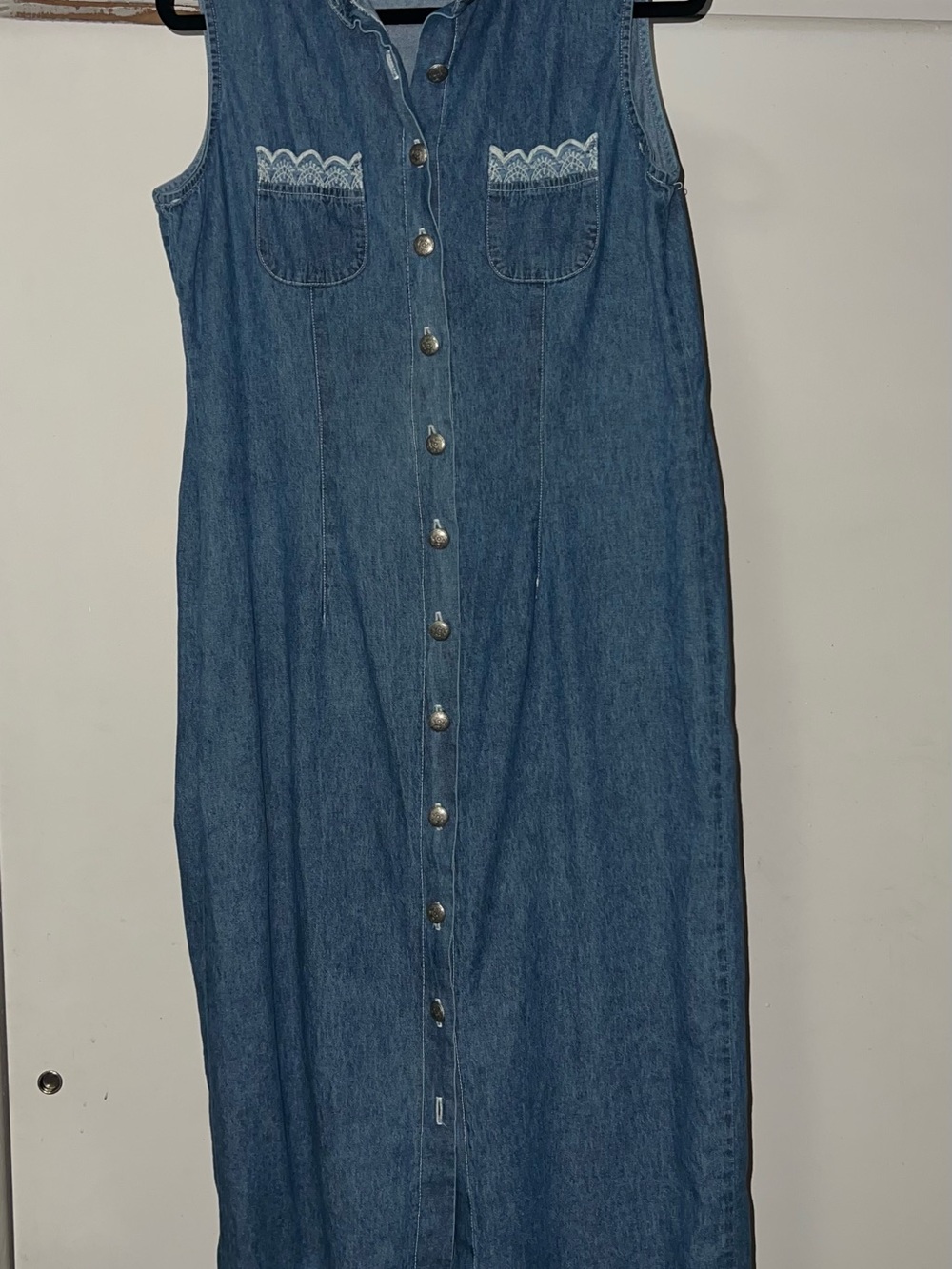 Sleeveless Denim Button-Front Overall Dress with Lace Trim - Blue